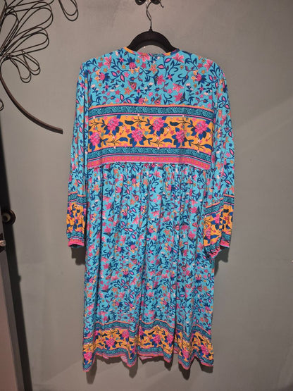 Pink & Blue Floral Print R. Vivimos Front Tassel Long Sleeve Dress, XL / US 16/18