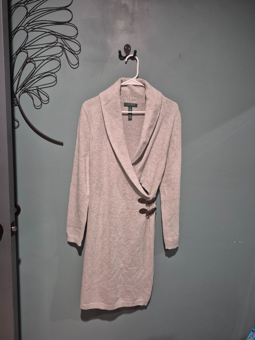 Tan  Lauren Ralph Lauren Knit Buckled Sweater Dress Cotton Blend Faux Wrap, m