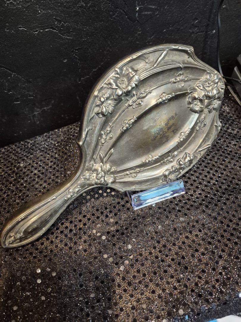 Antique Handheld mirror, Fleur-de-Lis Lily Silverplate Vanity