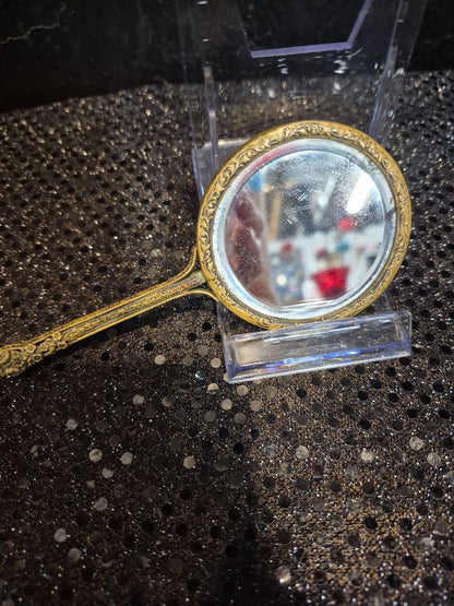 Brass  Art Nouveau Handheld Vanity Mirror, 5.5" × 2.5"; 2" mirror