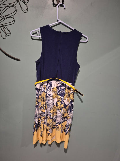 Navy w/ White Floral Skirt Karin Stevens Sleeveless Dress, 6
