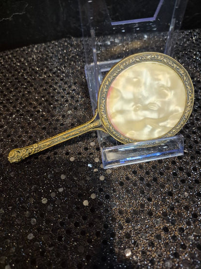 Brass  Art Nouveau Handheld Vanity Mirror, 5.5" × 2.5"; 2" mirror