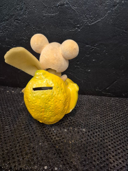 Tan & Yellow Vintage Flocked Bobble-head Mouse in Lemon Coin Bank, needs plug, 6"