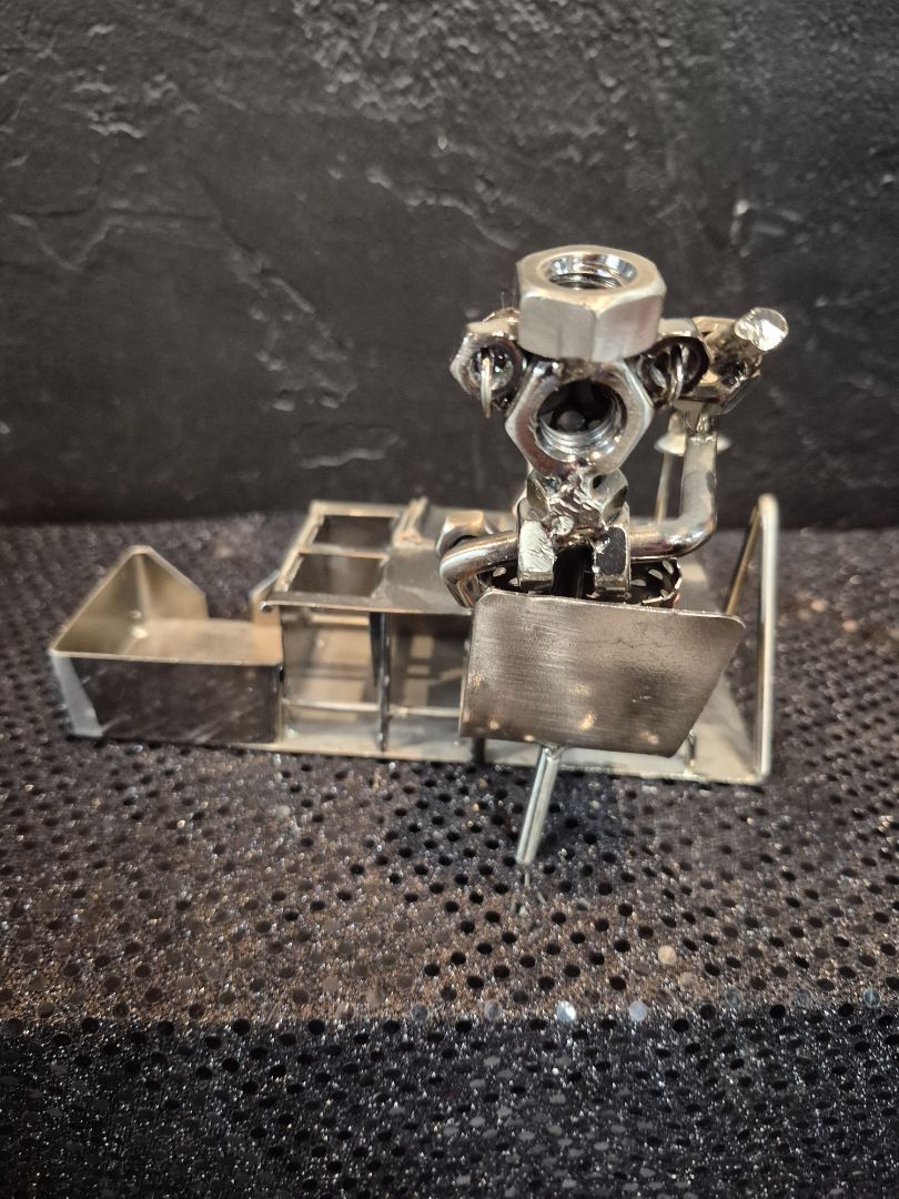 Nuts & Bolts Man at Desk Sculpture, Metal, 7.5" × 5.5"