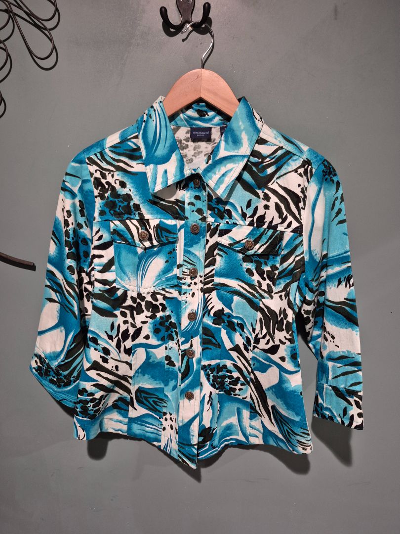 Blue Animal Print Westbound Petites 3/4 Sleeve Jacket, PS