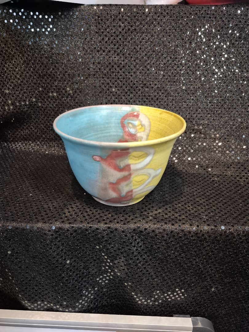 Yellow & Blue Hand made Hand Painted Pottery Bowl, 6" × 4"