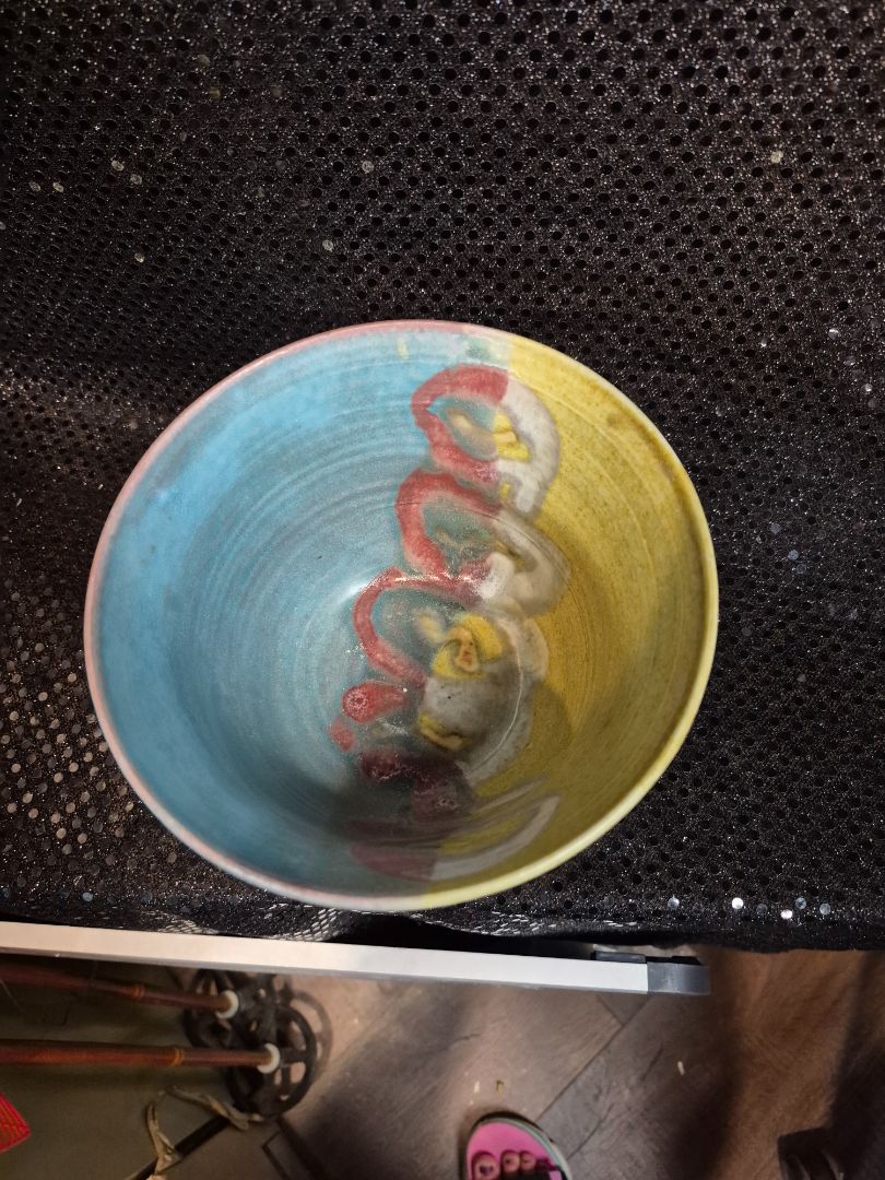 Yellow & Blue Hand made Hand Painted Pottery Bowl, 6" × 4"