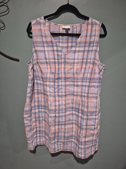 Blue, Pink Plaid J. Jill Love Linen Sleeveless Midi Dress, XL Petite
