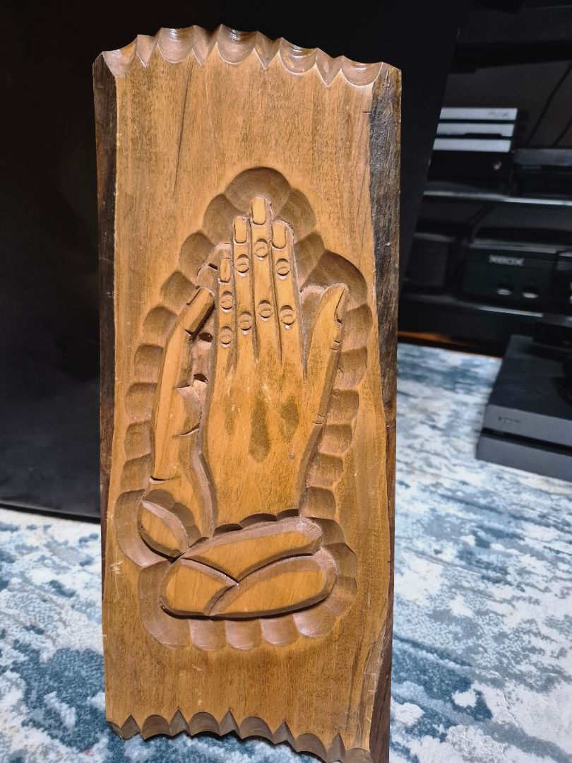 Hand-Carved Wooden Relief Plaque of Praying Hands