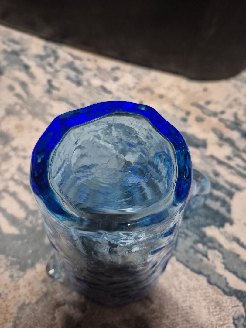 Blue  Crackle/Crinkle Glass Pitcher