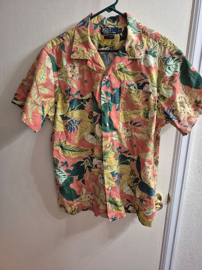 Salmon, Yellow Floral Polo Ralph Laren Hawaiian Shirt, XL