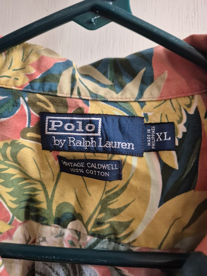 Salmon, Yellow Floral Polo Ralph Laren Hawaiian Shirt, XL
