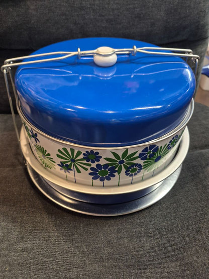 White w/Blue & Green Vintage Metal Food/Cake Carrier, 11"