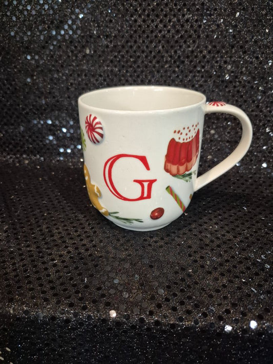 White Anthropolgie Christmas Mug "G", 4"