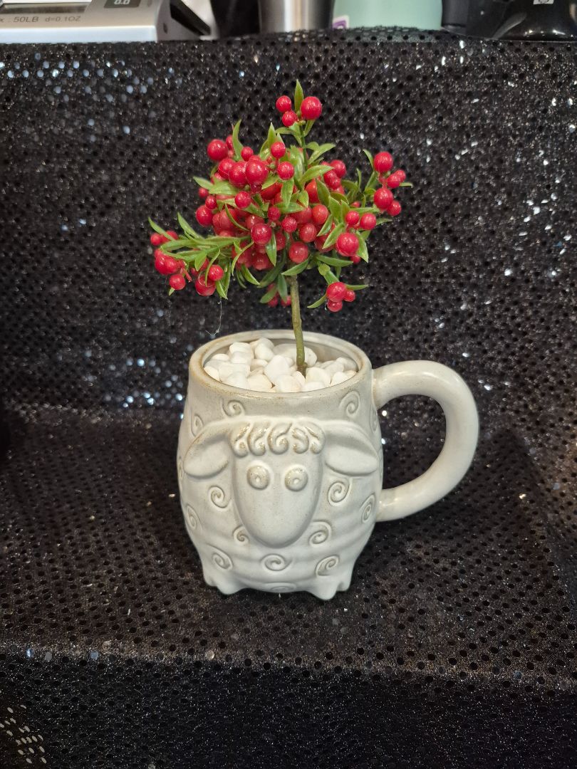 White w/Red Berries Hand made Sheep Mug WBerries Decor, 5" × 8"