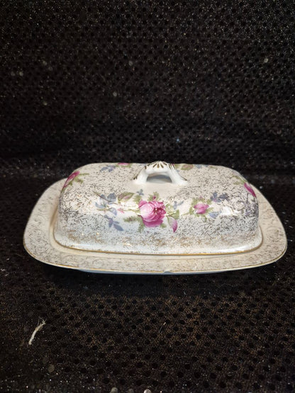 White w/Pink Rose Pattern Dresden Rose Signed Butter Dish, 4.5" × 7.5" × 3.25"