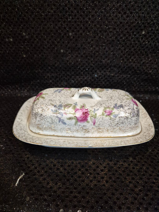 White w/Pink Rose Pattern Dresden Rose Signed Butter Dish, 4.5" × 7.5" × 3.25"