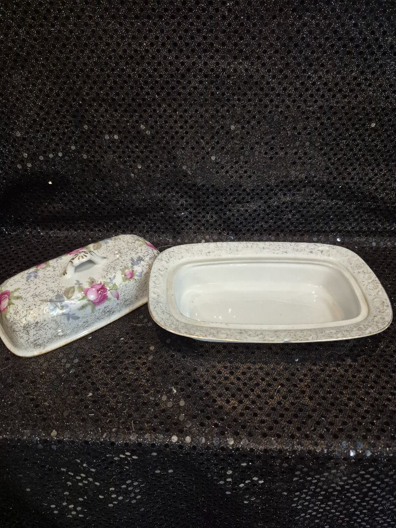 White w/Pink Rose Pattern Dresden Rose Signed Butter Dish, 4.5" × 7.5" × 3.25"