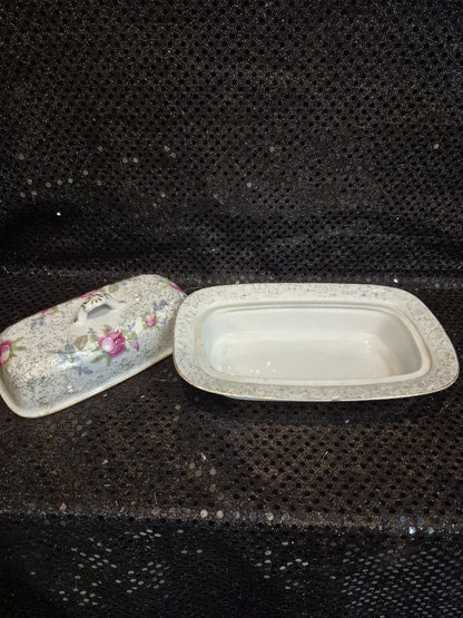 White w/Pink Rose Pattern Dresden Rose Signed Butter Dish, 4.5" × 7.5" × 3.25"