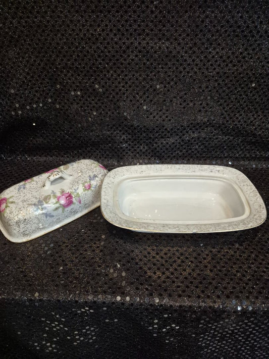 White w/Pink Rose Pattern Dresden Rose Signed Butter Dish, 4.5" × 7.5" × 3.25"
