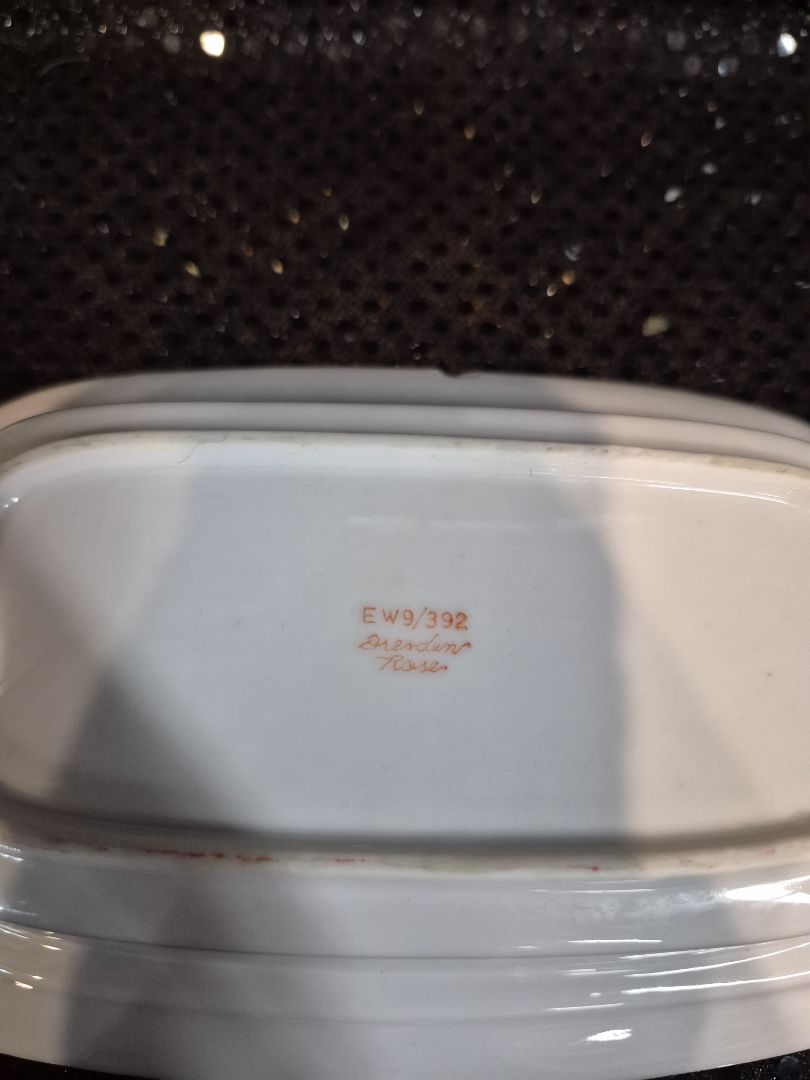 White w/Pink Rose Pattern Dresden Rose Signed Butter Dish, 4.5" × 7.5" × 3.25"