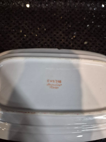 White w/Pink Rose Pattern Dresden Rose Signed Butter Dish, 4.5" × 7.5" × 3.25"