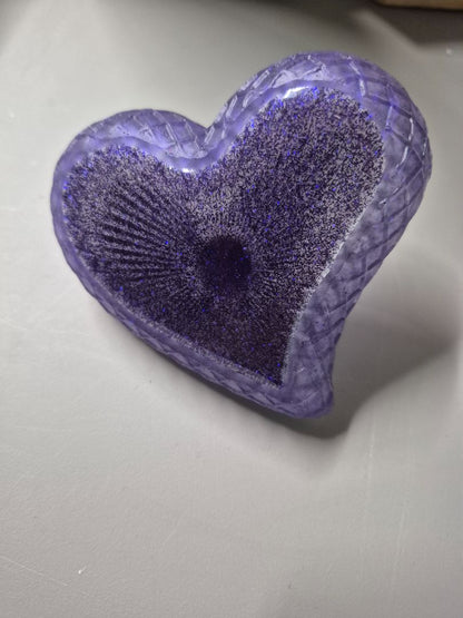 Purple Glitter Hand Made Heart Shaped Resin Ring Holder Trinket Tray, 3.75" × 3.75"
