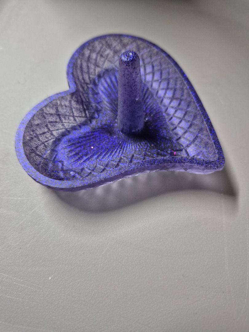 Purple Glitter Hand Made Heart Shaped Resin Ring Holder Trinket Tray, 3.75" × 3.75"