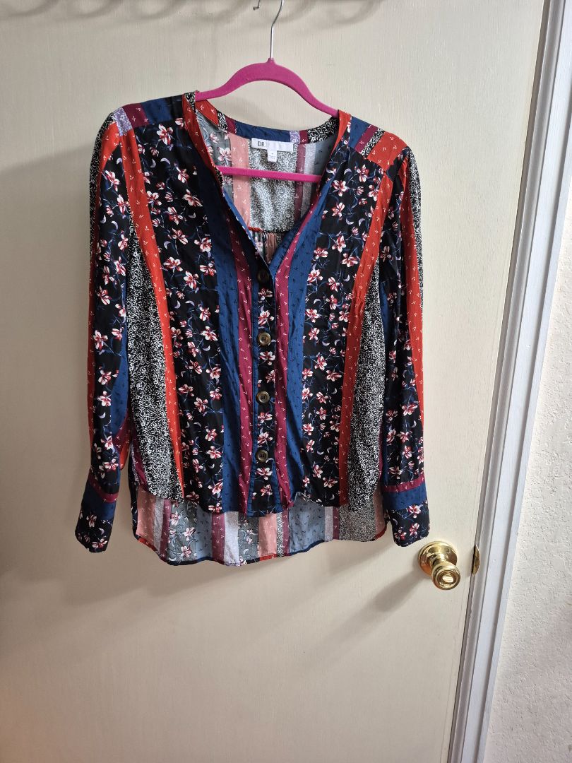 Red, Blue, & Black Floral DR2 Boho Style Long Sleeve Blouse, M