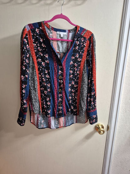 Red, Blue, & Black Floral DR2 Boho Style Long Sleeve Blouse, M