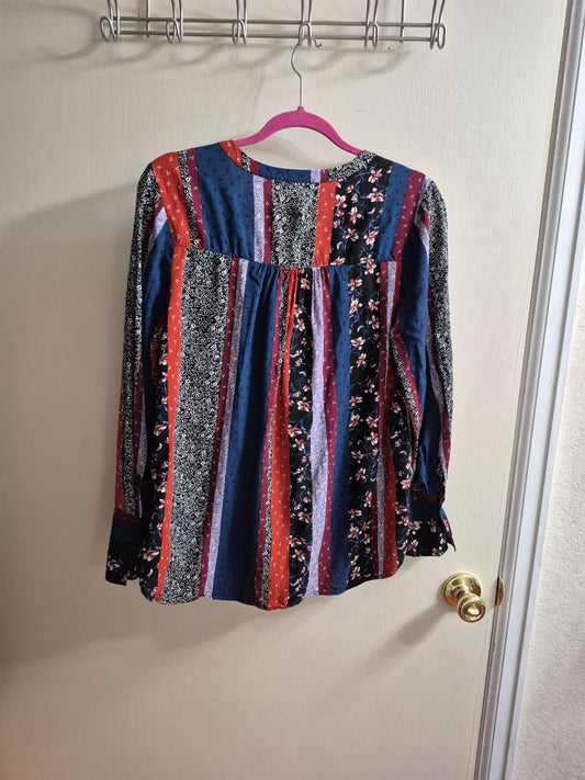 Red, Blue, & Black Floral DR2 Boho Style Long Sleeve Blouse, M