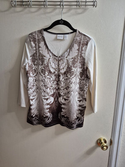 Cream & Brown Zenergy by Chico's Beaded Paisley 3/4 Sleeve Shirt, 0
