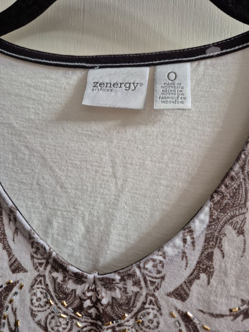 Cream & Brown Zenergy by Chico's Beaded Paisley 3/4 Sleeve Shirt, 0