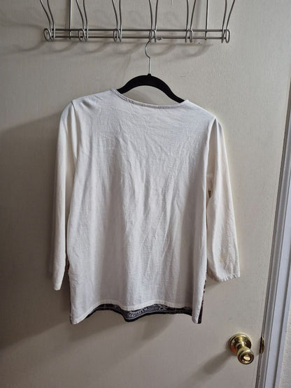 Cream & Brown Zenergy by Chico's Beaded Paisley 3/4 Sleeve Shirt, 0