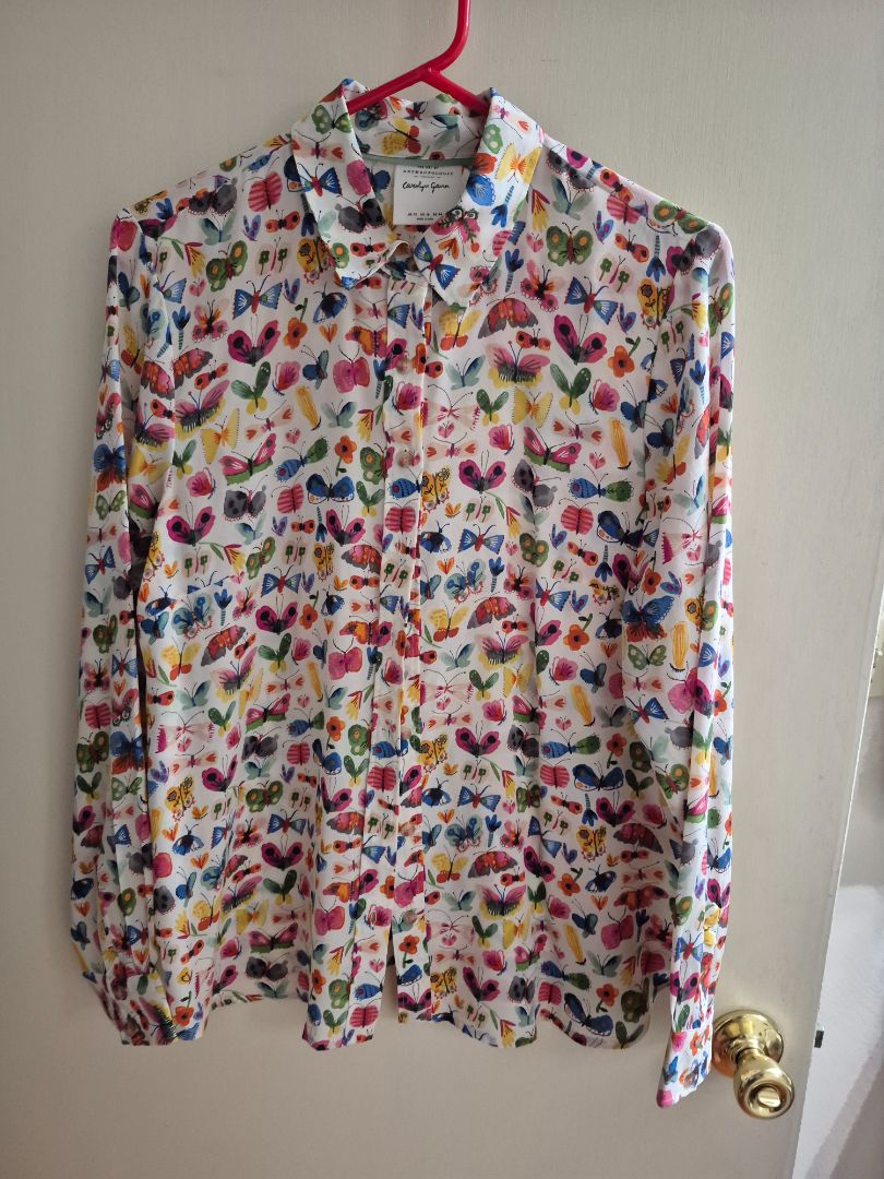Butterfly Print Anthropologie Long Sleeve Button Blouse, 100% Silk, 12