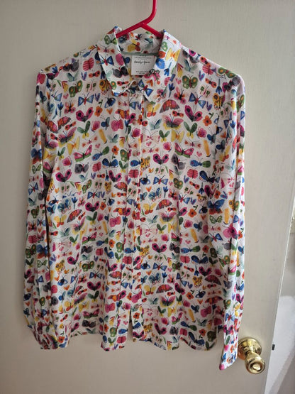 Butterfly Print Anthropologie Long Sleeve Button Blouse, 100% Silk, 12