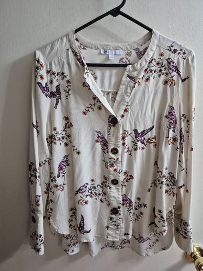 Bird Print DR2 Long Sleeve Button Blouse, M