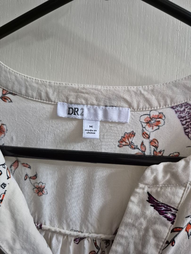 Bird Print DR2 Long Sleeve Button Blouse, M