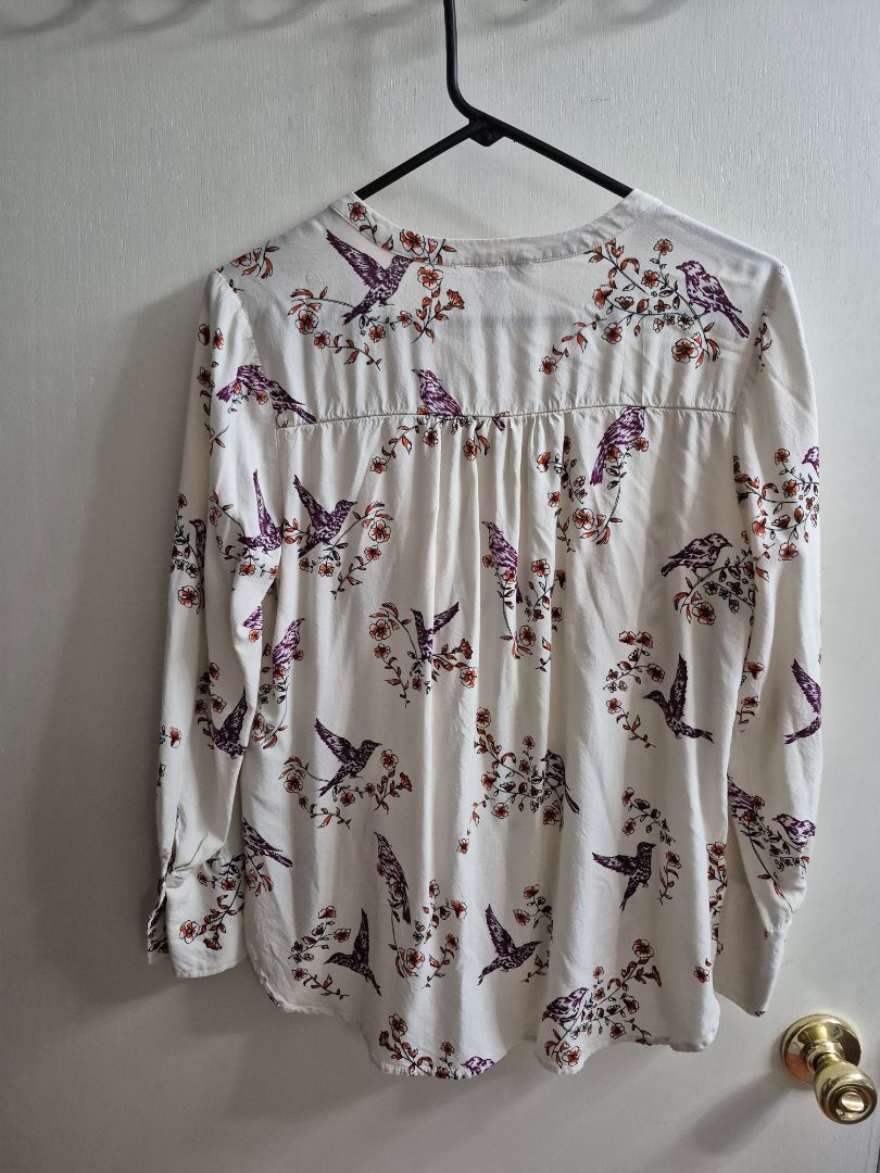 Bird Print DR2 Long Sleeve Button Blouse, M