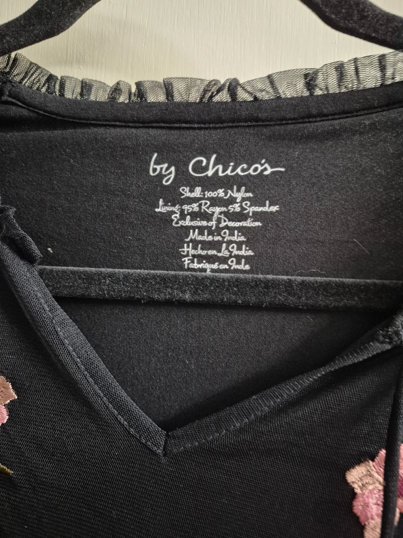 Black Chico's Mesh Embroidered Floral Rose Overlay Blouse, Size 0 Talla 0