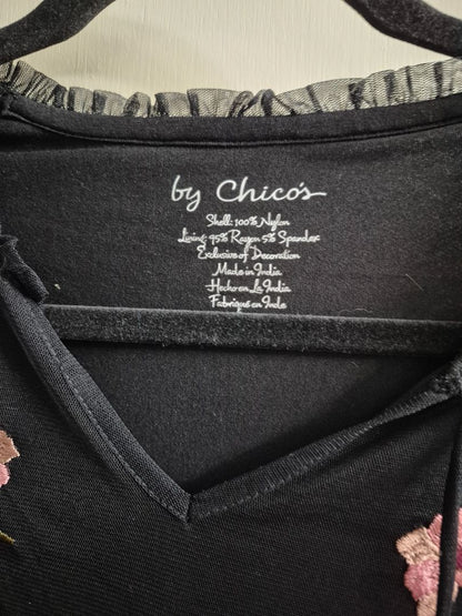 Black Chico's Mesh Embroidered Floral Rose Overlay Blouse, Size 0 Talla 0