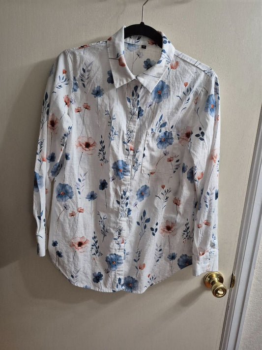 White Floral  Long Sleeve Button Blouse, M