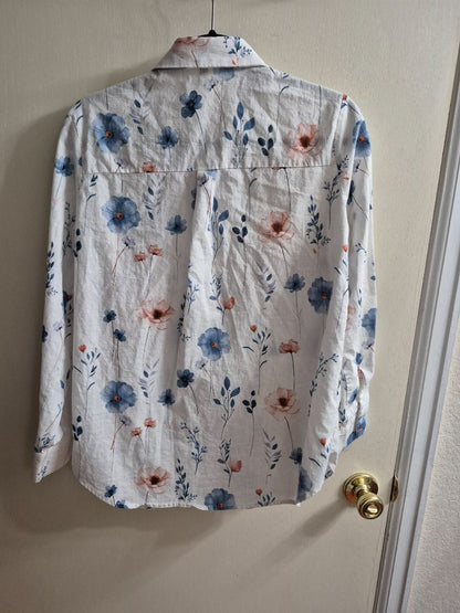 White Floral  Long Sleeve Button Blouse, M