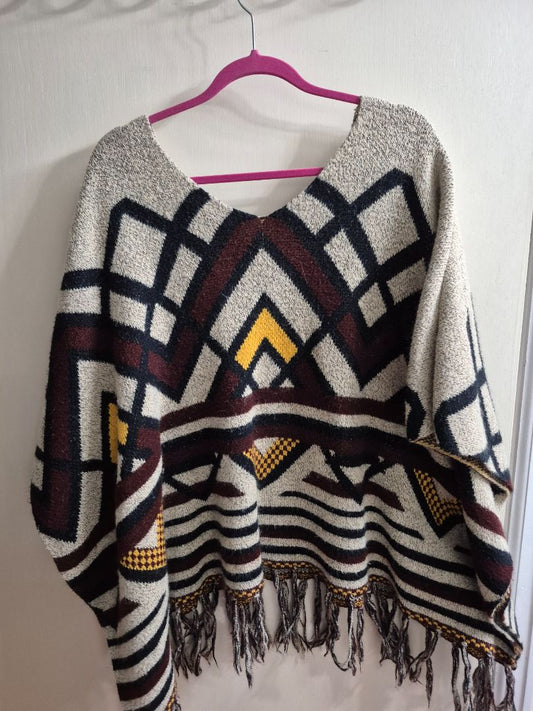 Geometric Pattern Yaira Knit Poncho w/V Neck, O/S