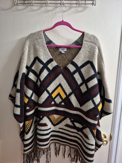 Geometric Pattern Yaira Knit Poncho w/V Neck, O/S