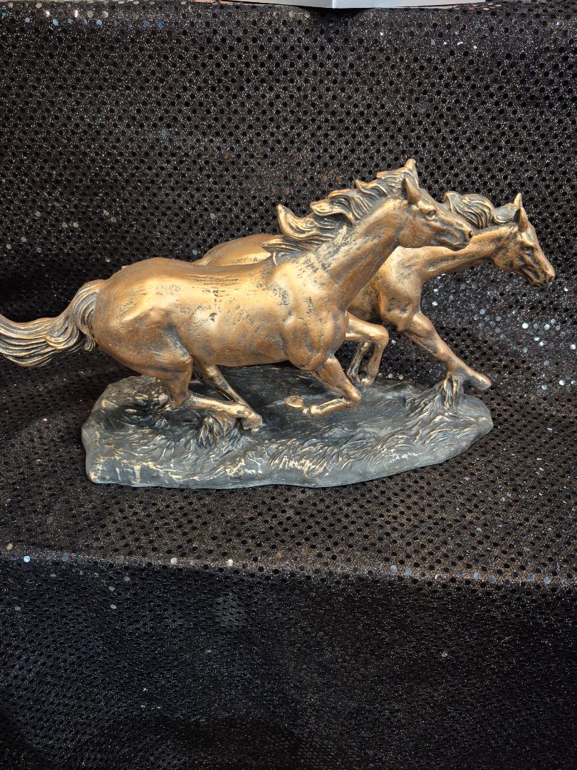 Galloping Pair of Horses Bronze Finish Statue, 13" × 8"