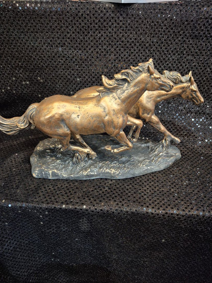 Galloping Pair of Horses Bronze Finish Statue, 13" × 8"