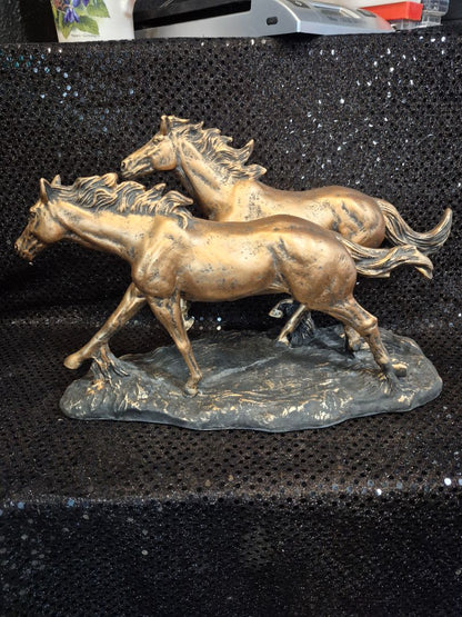 Galloping Pair of Horses Bronze Finish Statue, 13" × 8"
