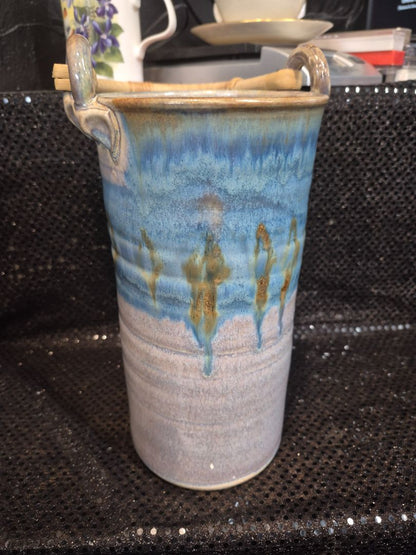 Blue/Grey  Pottery Bottle Holder/Vase w/Bamboo Handle, As Is