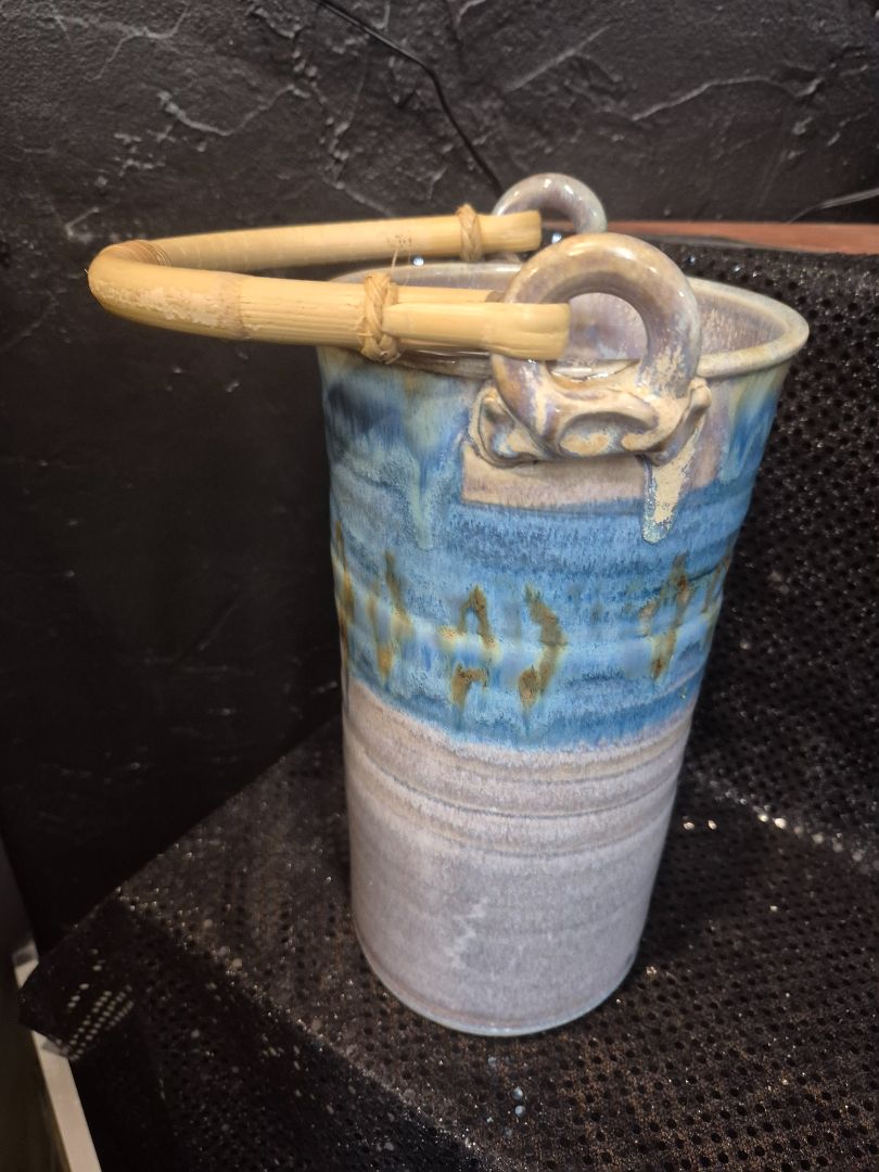Blue/Grey  Pottery Bottle Holder/Vase w/Bamboo Handle, As Is